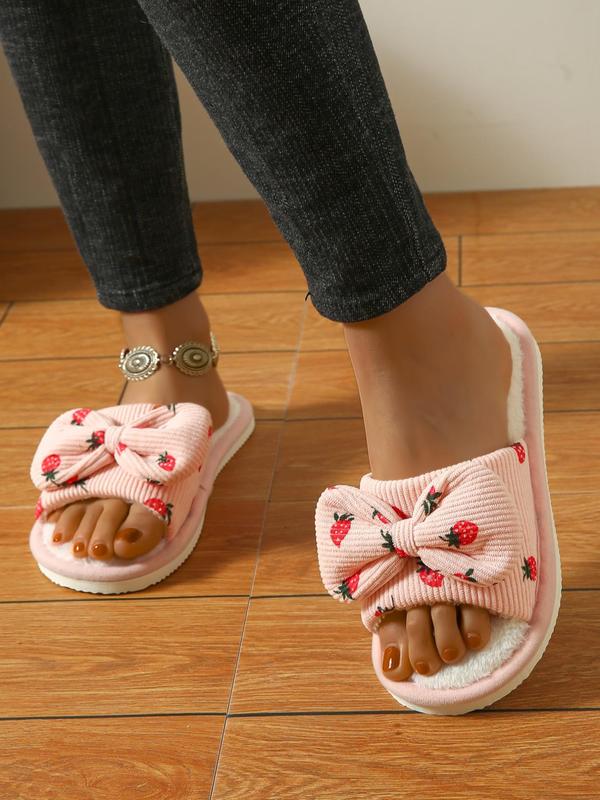 Women's Cute Strawberry Pattern Bow Decorated Slippers, Soft Comfy Home Slippers, Warm Slippers for Indoor & Outdoor Use for All Seasons