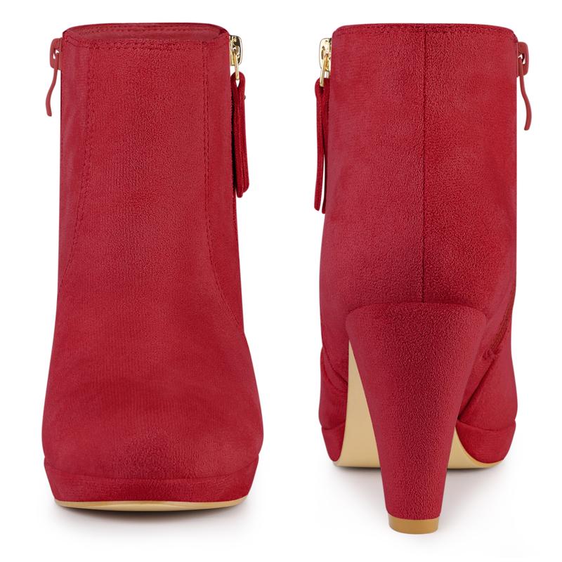 Allegra K Platform Round Toe Chunky Heels Ankle Boots for Women, Red