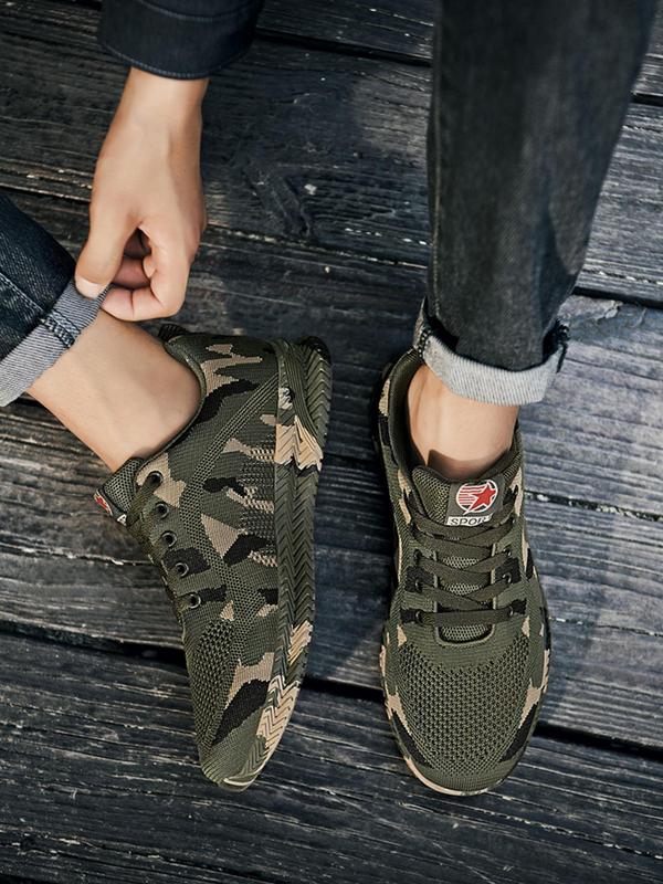 Summer 2024 Random Camo Print Lace Up Low Top Shoes for Men, Casual Sporty Breathable Running Walking Shoes for Training for Outdoor Workout, Male Round Toe Work Shoes for Fall Outfits & Fall Freshness