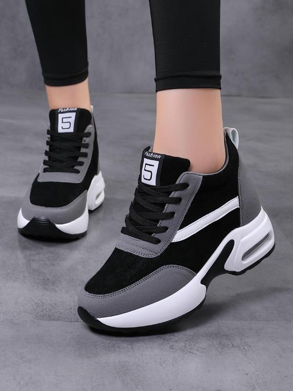 Women's Sportive Patchwork Low Top Lace Up Sneakers, Fall New Air Cushion Design Shoes for Women, Casual Breathable Platform Shoes, Fashionable Sneakers for Daily Wear