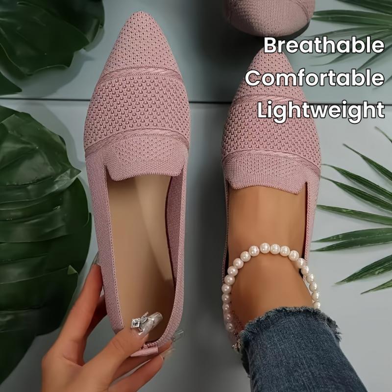 Women's Solid Color Flat Shoes, Breathable Knit Point Toe Slip On Shoes, Lightweight & Comfortable Shoes