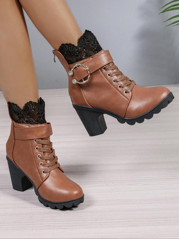 Women's Fashionable Lace Trim Belted Design Boots, Casual Comfortable Round Toe Boots for Daily Wear, Female All-match Trend Shoes for Fall & Winter