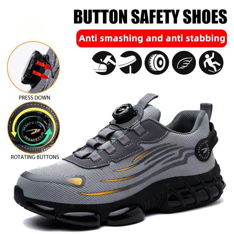 Men's Lace Up Low Top Anti Piercing & Anti Smashing Safety Shoes with Rotating Button, Casual Comfortable Breathable Contrast Mesh Work Shoes, Contrast Mesh Design Anti-slip Shoes for Outdoor Work,Lightweight Men's Workout Sneakers Footwear Boy