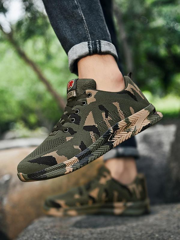 Summer 2024 Random Camo Print Lace Up Low Top Shoes for Men, Casual Sporty Breathable Running Walking Shoes for Training for Outdoor Workout, Male Round Toe Work Shoes for Fall Outfits & Fall Freshness