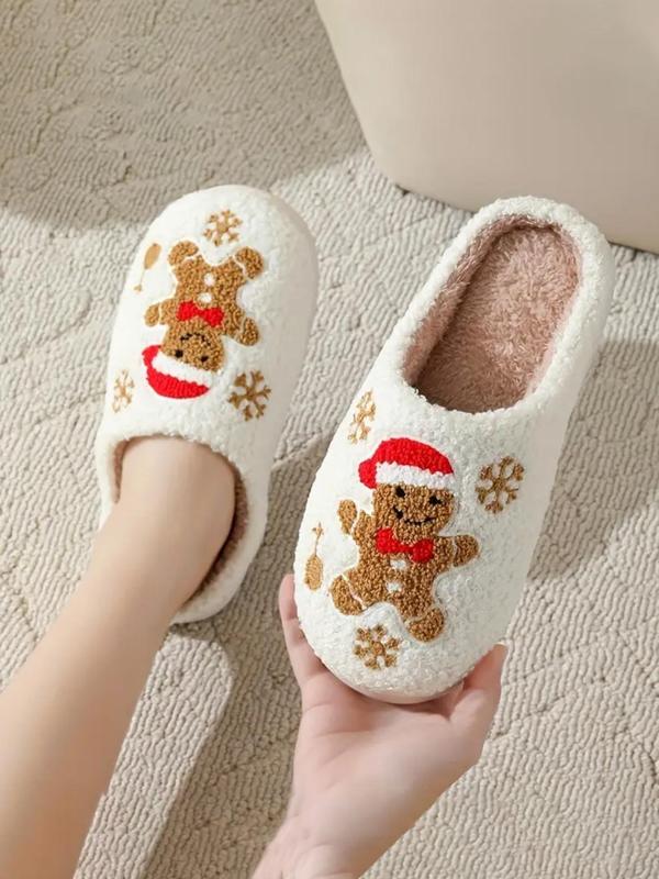 Women's Cute Cartoon Gingerbread Man Design Plush Slippers, Casual Soft Comfortable Home Slippers, Warm Slippers for Indoor & Outdoor Use for Fall & Winter