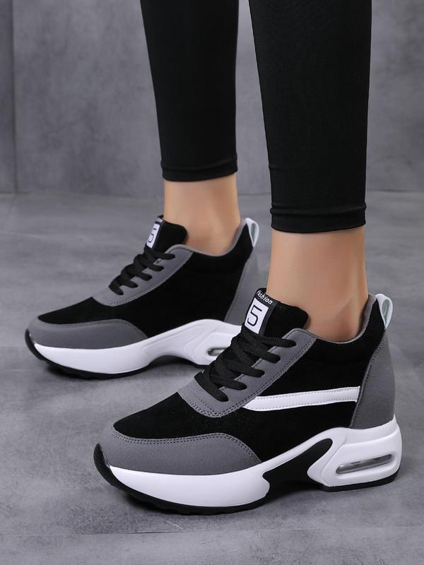 Women's Sportive Patchwork Low Top Lace Up Sneakers, Fall New Air Cushion Design Shoes for Women, Casual Breathable Platform Shoes, Fashionable Sneakers for Daily Wear