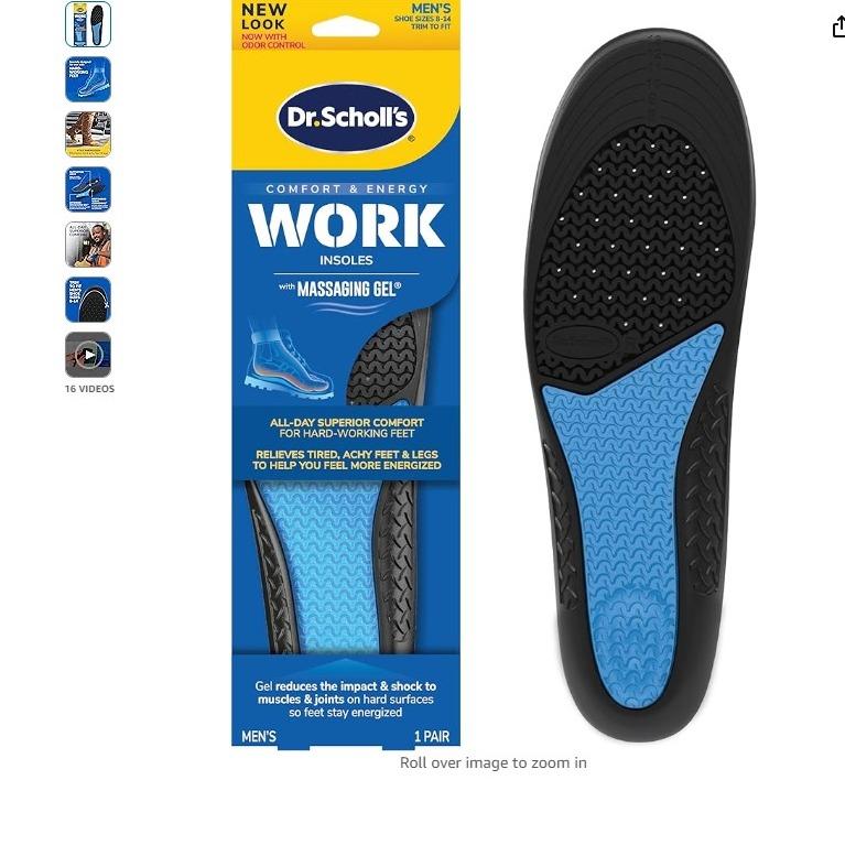 Dr.Scholl's Work All-Day Superior Comfort Insoles with Massaging Gel for Men, 1 Pair, Trim to Fit Footwear Rubber Shoe