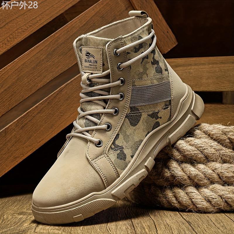 MAINALUN Men's Camouflage Tactical Boots - Preppy Casual Trendy Style, Solid Lace-Up Short Boots for Hiking & Daily Wear, Spring Fall All-Season, Round Toe, PU & Fabric Upper, Fabric Inner & Insole, PVC Sole Boy Walking Shoes Footwear Closed  Decor  Decor