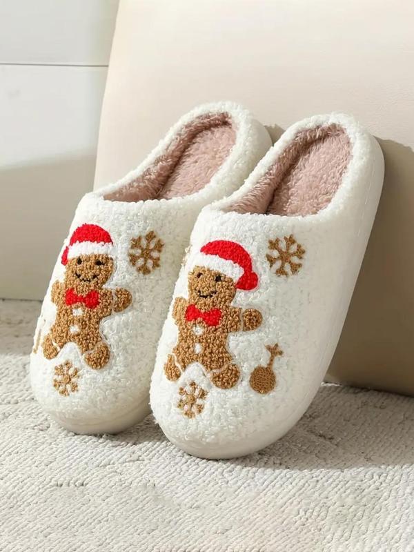 Women's Cute Cartoon Gingerbread Man Design Plush Slippers, Casual Soft Comfortable Home Slippers, Warm Slippers for Indoor & Outdoor Use for Fall & Winter