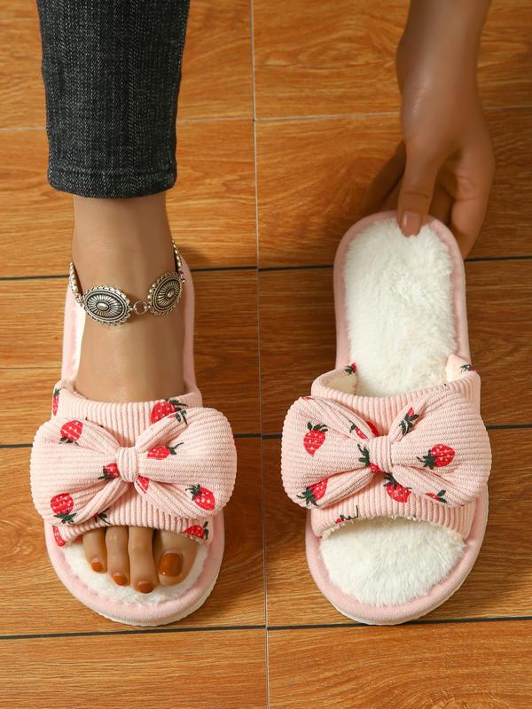 Women's Cute Strawberry Pattern Bow Decorated Slippers, Soft Comfy Home Slippers, Warm Slippers for Indoor & Outdoor Use for All Seasons