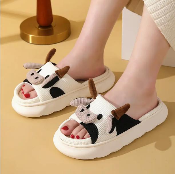 Mens Adorable Milk Cow Graphic Slippers - Funny & Non-Slip - Linen Open-Toe Design for Cozy Indoor Strolls Footwear Walking Shoes