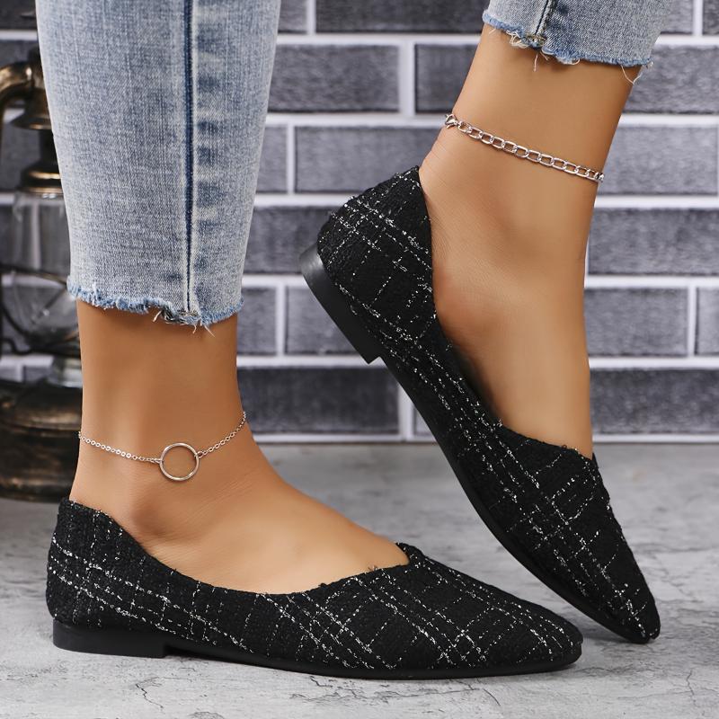 Women's Plaid Pattern Flat Shoes, Casual Point Toe Slip On Shoes, Lightweight & Comfortable Shoes