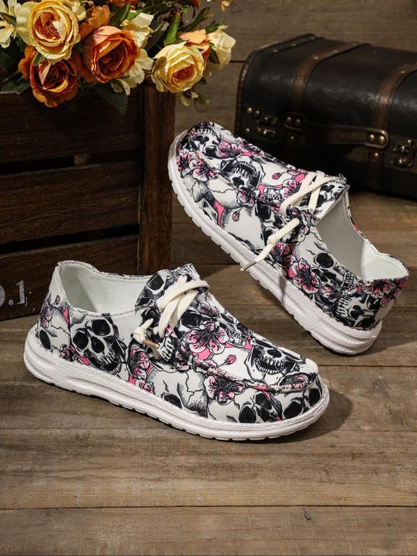 Women's Fashionable Ditsy Floral & Skull Print Slip on Flats, Casual Comfortable Halloween Themed Round Toe Flat Shoes for Daily Wear, Female All-match Shoes for Daily Wear