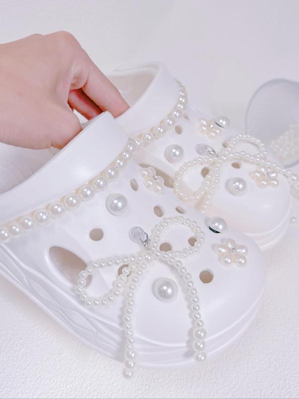 Faux Pearl Decorated Flower & Bowknot Design Shoe Charms, Cute DIY Shoes Decorations for Clogs, Fashionable Shoes Accessories for Women & Girls