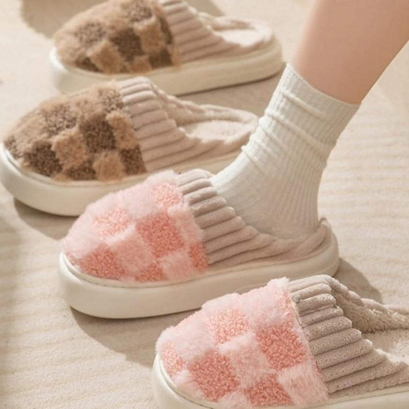 Cotton Slippers for Women, Plaid Cuff Warm Fuzzy Fleece Plush Slipper, Cozy Memory Foam Cute Soft Women's Home Slippers, Indoor Comfort House Slippers