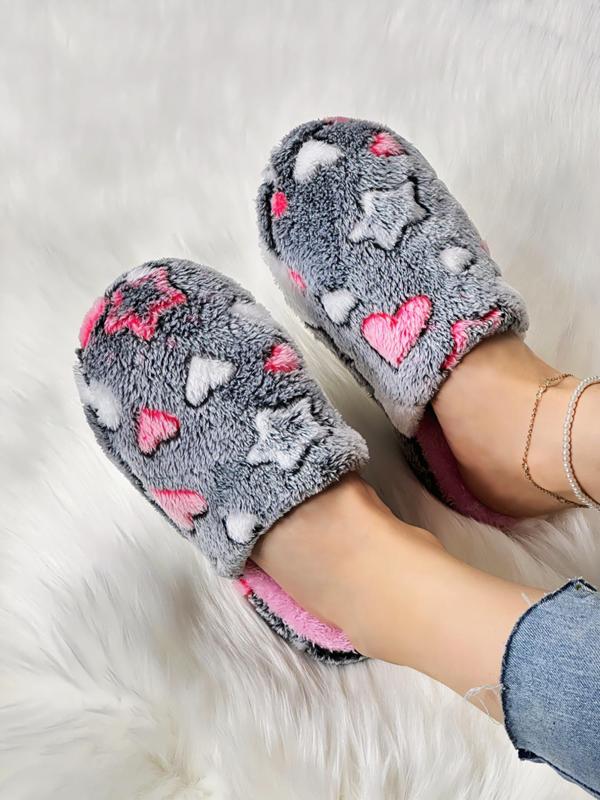 2024 Cartoon Star & Heart Pattern Bedroom Slippers, Minimalist Comfortable Indoor Non-slip Slippers for Girl, Fluffy Warm Indoor Home Slippers for Back To School Dormitory Wear, Plush Footwear