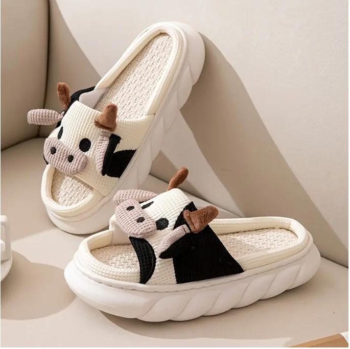 Mens Adorable Milk Cow Graphic Slippers - Funny & Non-Slip - Linen Open-Toe Design for Cozy Indoor Strolls Footwear Walking Shoes