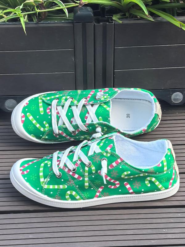 Women's Cute Christmas Candy Print Lace Up Low Top Sneakers, 2024 New Style Casual Comfortable Round Toe Shoes for Daily Wear, Female All-match Shoes for Daily Wear