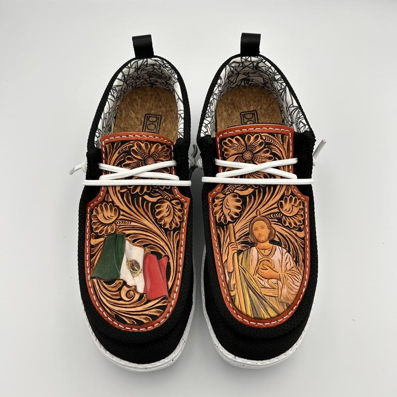 Double R Western Tooled Leather Shoes (Black - Mexico San Judas)