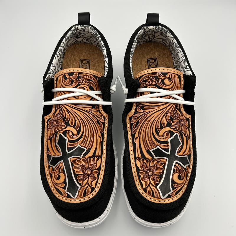 Double R Western Tooled Leather Shoes (Black - Cross)