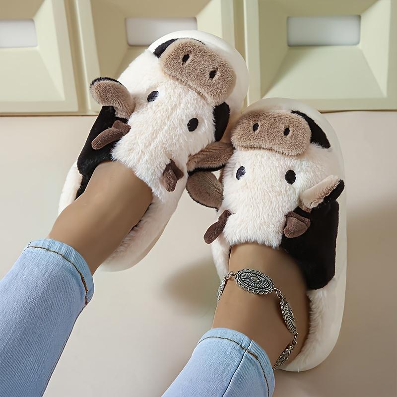 Fluffy Cow Slippers for Women Cartoon Slippers, Winter Indoor Outdoor Slippers Warm Non-Skid Comfy Home Floor Slipper Walking Shoes Flipflop Footwear