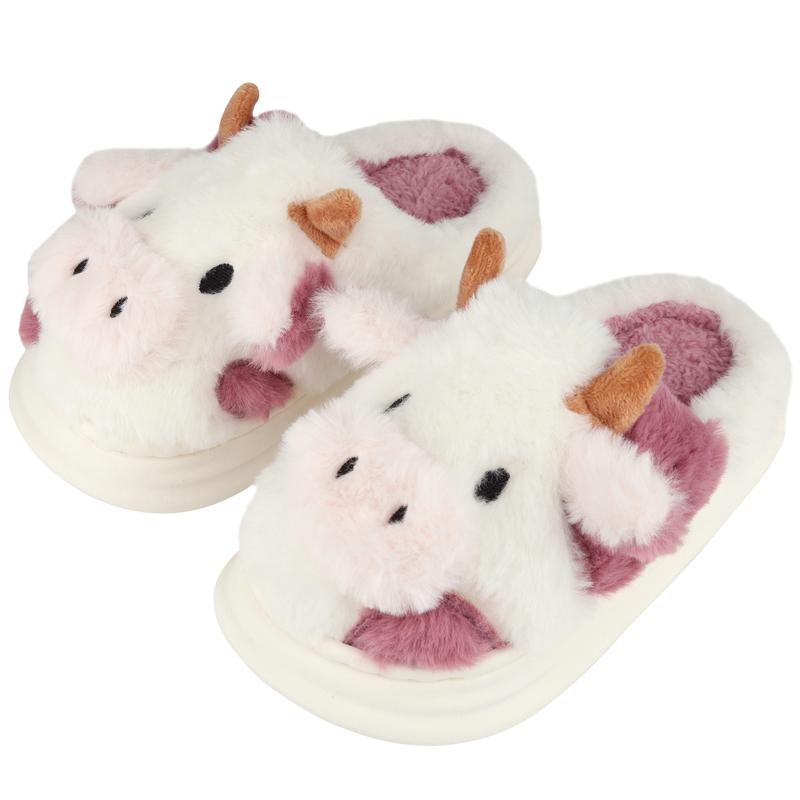 Cute Cartoon Cow Furry House Shoes For Boys, Comfortable Non Slip Soft Bottom Walking Shoes For Indoor, Autumn And Winter