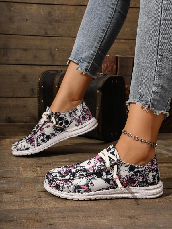 Women's Fashionable Ditsy Floral & Skull Print Slip on Flats, Casual Comfortable Halloween Themed Round Toe Flat Shoes for Daily Wear, Female All-match Shoes for Daily Wear