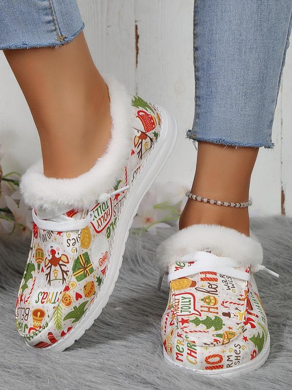 Women's Christmas Print Lace Up Low Top Sneakers, Casual Comfortable Warm Fluffy Lined Shoes for Fall & Winter, Female All-match Round Toe Shoes for Daily Wear