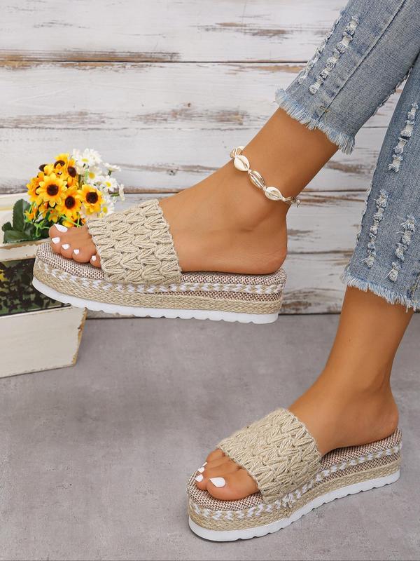 Women's Boho Style Plain Color Slip on Woven Wedge Sandals, Casual Comfortable Platform House Slides, Luxury Designer 2024 Sandals for Summer Beach Vacation