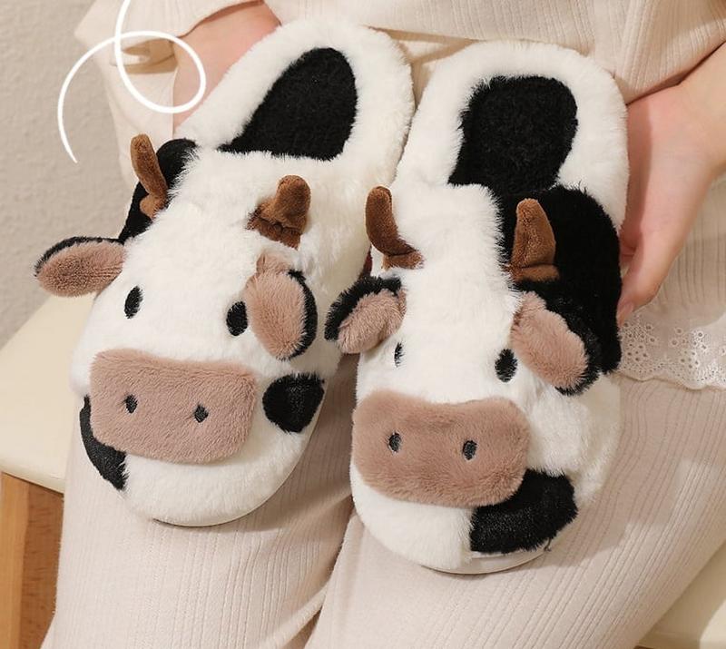 Fluffy Cow Slippers for Women Cartoon Slippers, Winter Indoor Outdoor Slippers Warm Non-Skid Comfy Home Floor Slipper Walking Shoes Flipflop Footwear