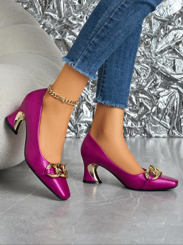 Women's Fashionable Chain Decorated Square Toe High Heel Shoes, Elegant Solid Pumps for Daily Wear, Female All-match Shoes for Fall & Winter