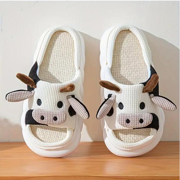 Mens Adorable Milk Cow Graphic Slippers - Funny & Non-Slip - Linen Open-Toe Design for Cozy Indoor Strolls Footwear Walking Shoes