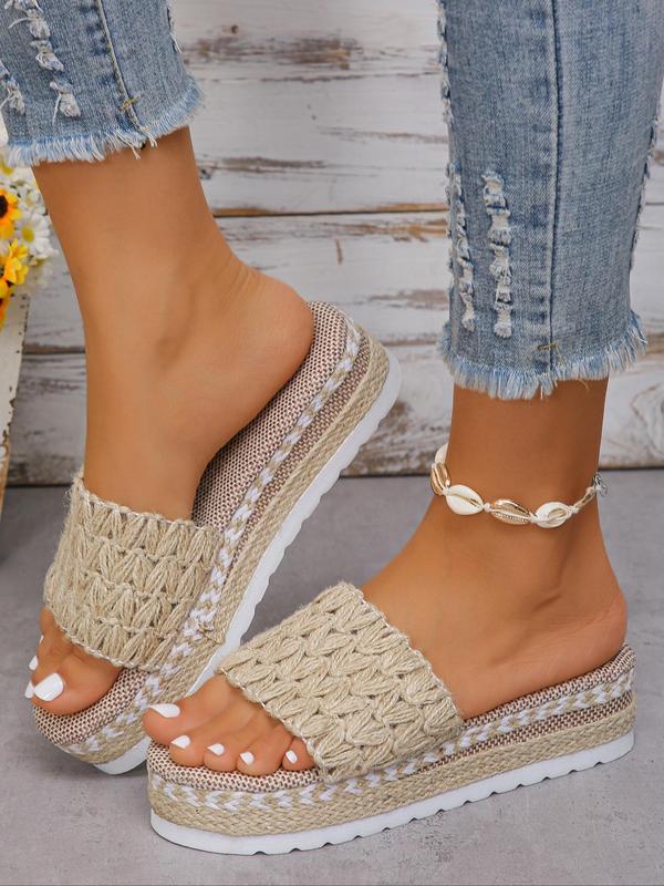 Women's Boho Style Plain Color Slip on Woven Wedge Sandals, Casual Comfortable Platform House Slides, Luxury Designer 2024 Sandals for Summer Beach Vacation