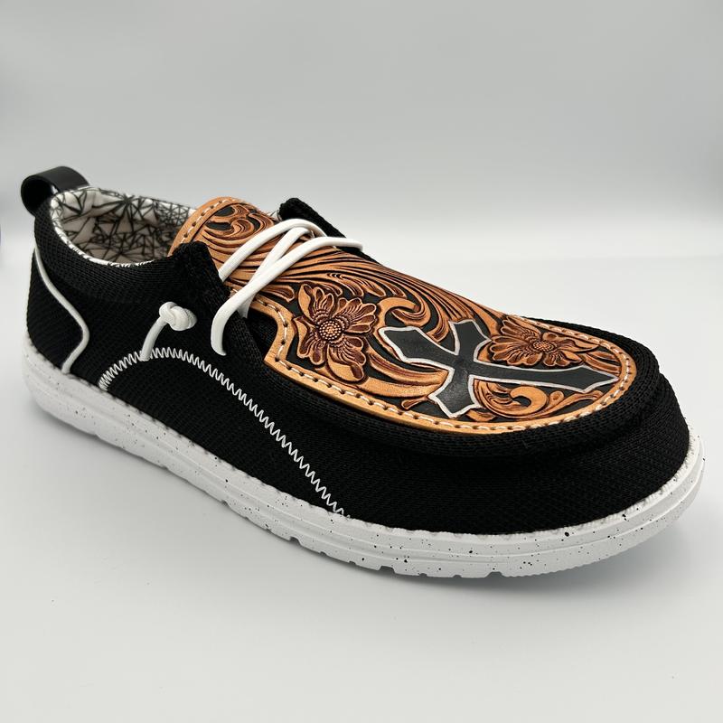 Double R Western Tooled Leather Shoes (Black - Cross)