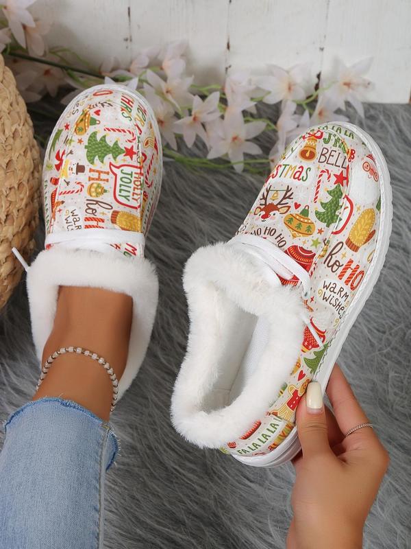 Women's Christmas Print Lace Up Low Top Sneakers, Casual Comfortable Warm Fluffy Lined Shoes for Fall & Winter, Female All-match Round Toe Shoes for Daily Wear