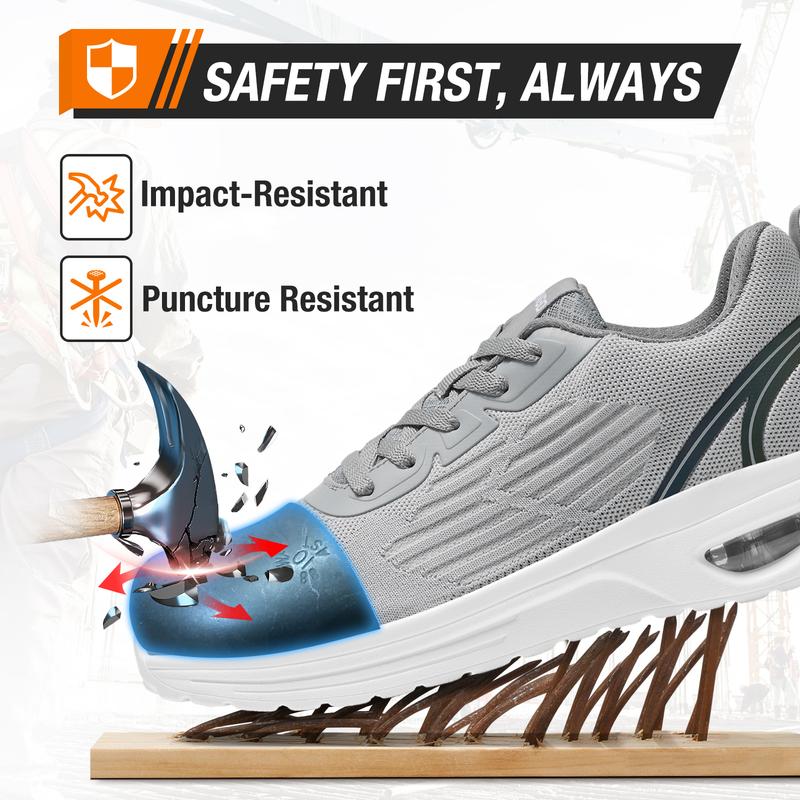 Steel Toe Shoes for Men Women, Breathable Work Shoes, Air Cushion Support, Slip Resistant and Puncture Proof Indestructible Shoes, EH Protection, Safety Shoes for Construction, Industrial Footwear Boy Lace up Comfort Walking Shoes