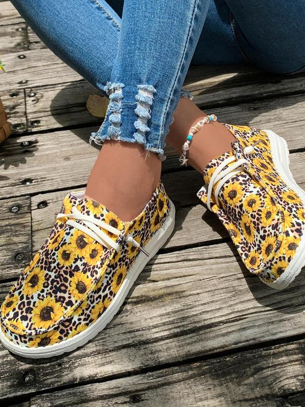 Women's Summer Fashionable Sunflower Print Slip on Sneakers, Casual Comfortable Round Toe Flat Sports Shoes for Daily Wear, Athletic Trendy Trainer for Daily Footwear for Girl