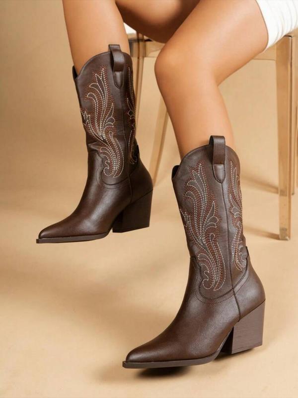 Women's Fashion Embroidering Design Cowboy Boots, Casual Comfortable Western Boots for Daily Wear, Trendy All-match Boots for Fall & Winter