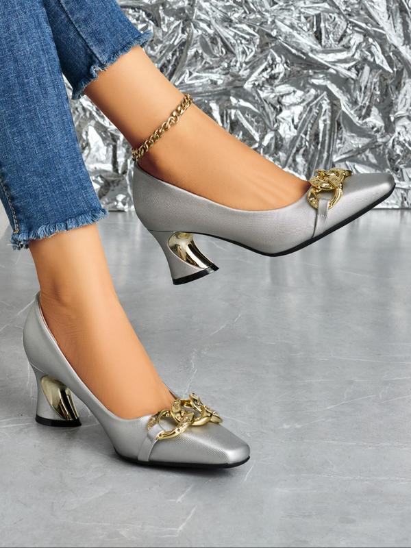 Women's Fashionable Chain Decorated Square Toe High Heel Shoes, Elegant Solid Pumps for Daily Wear, Female All-match Shoes for Fall & Winter