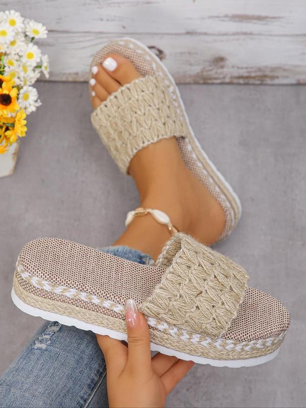 Women's Boho Style Plain Color Slip on Woven Wedge Sandals, Casual Comfortable Platform House Slides, Luxury Designer 2024 Sandals for Summer Beach Vacation