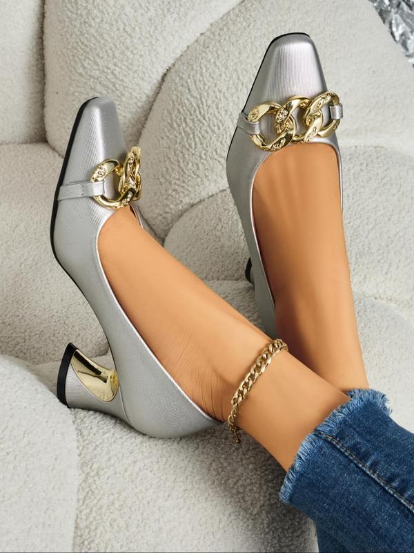 Women's Fashionable Chain Decorated Square Toe High Heel Shoes, Elegant Solid Pumps for Daily Wear, Female All-match Shoes for Fall & Winter