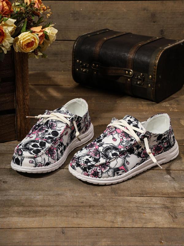 Women's Fashionable Ditsy Floral & Skull Print Slip on Flats, Casual Comfortable Halloween Themed Round Toe Flat Shoes for Daily Wear, Female All-match Shoes for Daily Wear