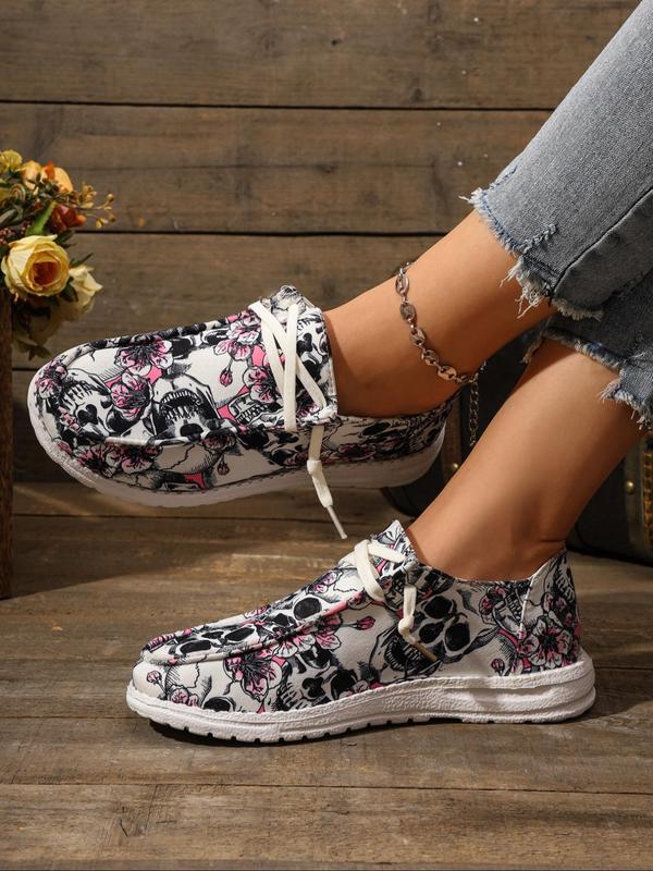 Women's Fashionable Ditsy Floral & Skull Print Slip on Flats, Casual Comfortable Halloween Themed Round Toe Flat Shoes for Daily Wear, Female All-match Shoes for Daily Wear