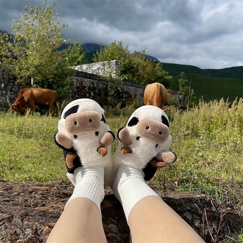 Fluffy Cow Slippers for Women Cartoon Slippers, Winter Indoor Outdoor Slippers Warm Non-Skid Comfy Home Floor Slipper Walking Shoes Flipflop Footwear