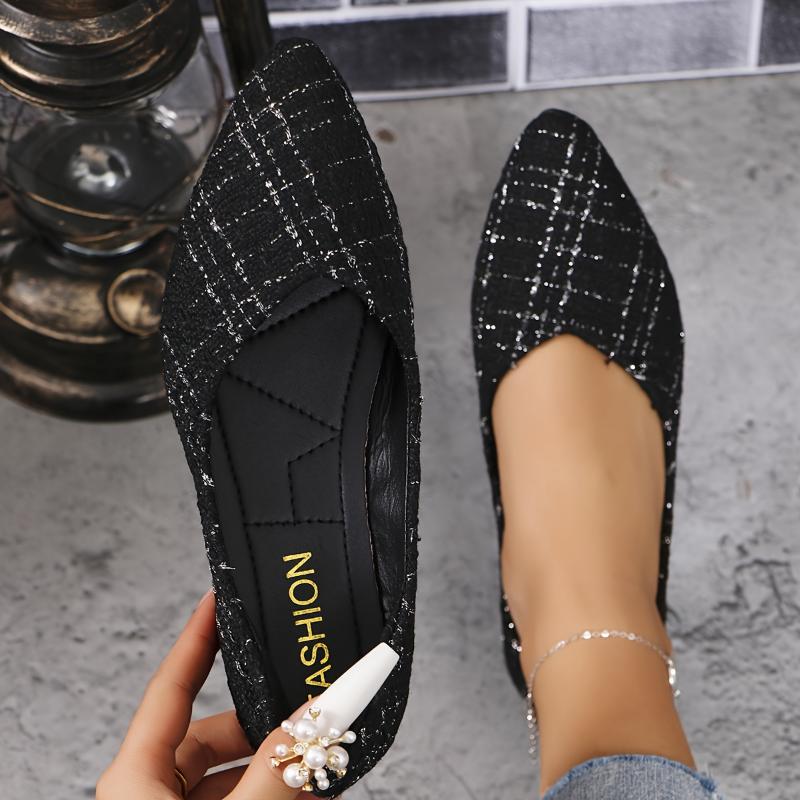 Women's Plaid Pattern Flat Shoes, Casual Point Toe Slip On Shoes, Lightweight & Comfortable Shoes