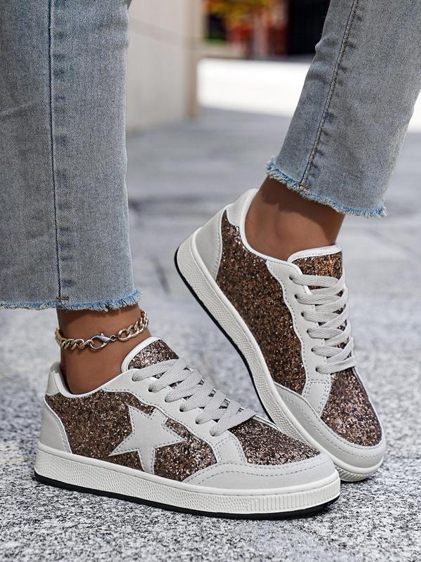 Women's Fashionable Glittering Lace Up Low Top Sneakers, Star Patched Skate Shoes, Casual Comfortable Non-slip Sports Running Shoes, Female All-match Round Toe Shoes for Daily Wear