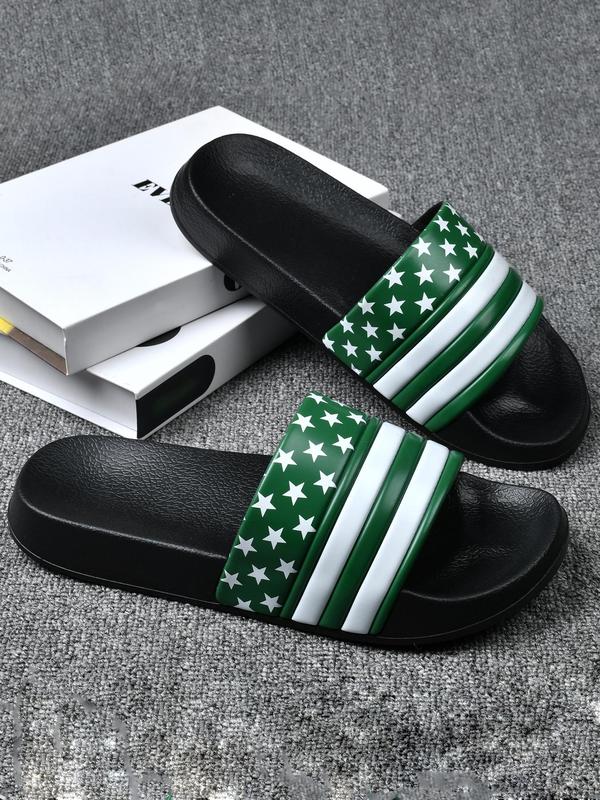 Men's Casual Striped & Star Pattern Slides, Fashionable Comfortable Bathroom Slippers, Trendy Slippers for Indoor & Outdoor Wear