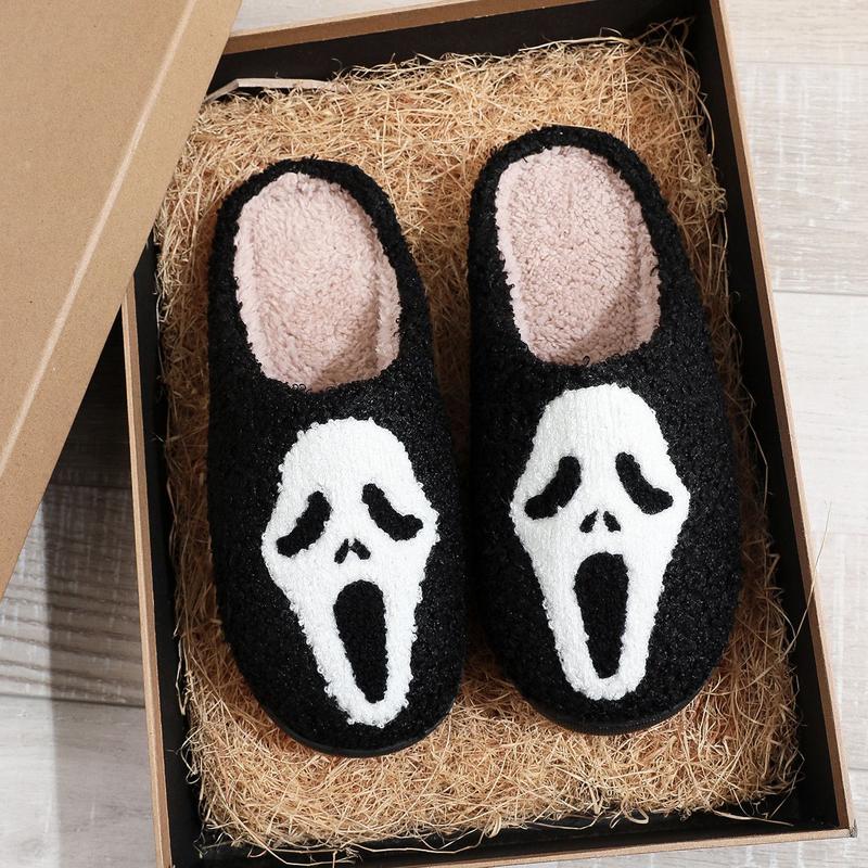 Halloween Pumpkin Slippers for Womens Mens Plush Warm Spooky Lantern Pumpkin Slippers House Shoes