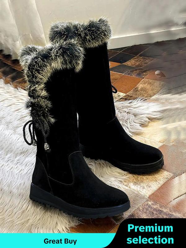 Women's Bow Decorated Plush Boots, Casual Comfortable Thickened Lined Snow Boots, Simple Design Warm & Cozy Non-slip Boots for Fall & Winter