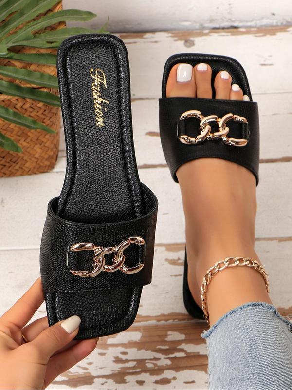 Women's Fashionable Chain Decorated Slide Sandals, Casual Square Toe Slip on Sandals for Summer, Lightweight Breathable Comfortable Shoes for Daily Wear